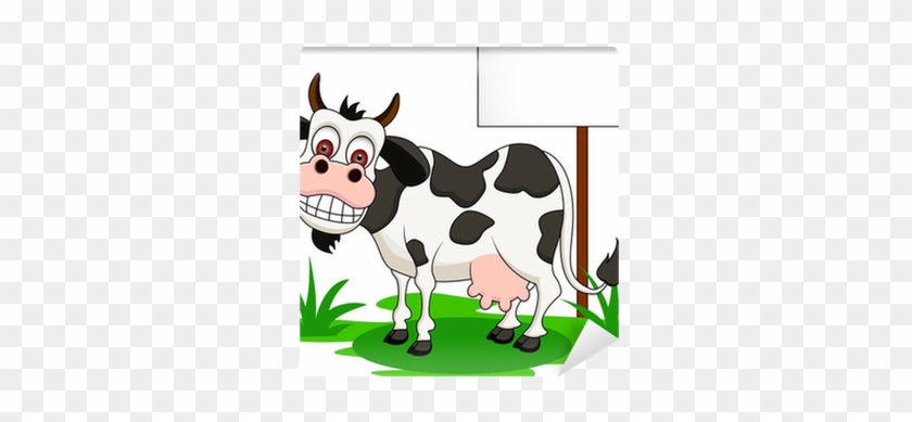 Funny Cow Cartoon With Blank Sign Wall Mural • Pixers® - Cow Cartoon #603176