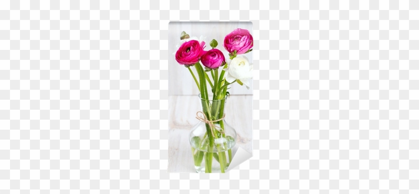 Ranunculus Flowers In A Glass Vase On Wooden Table - Vase #608682