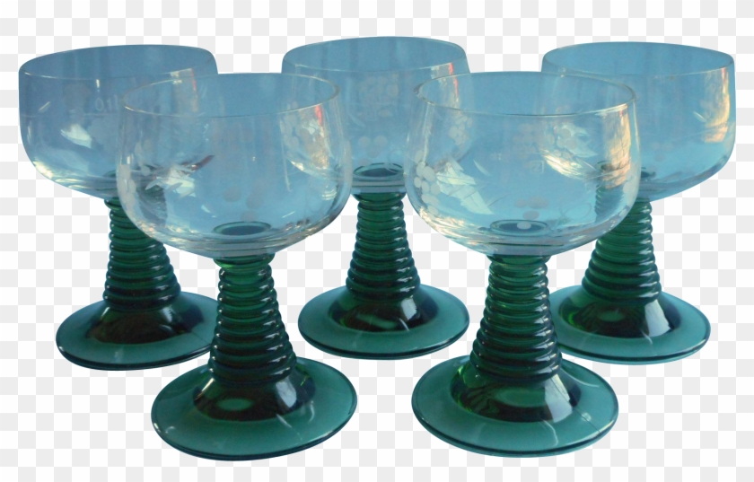 Vintage Roemer Glasses Green Stems Schott Zwiesel Etched - Champagne Stemware #608808
