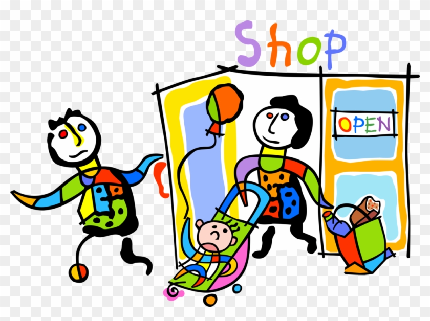 Vector Illustration Of Family Shops In Retail Shopping - Holding The Door Open #609833