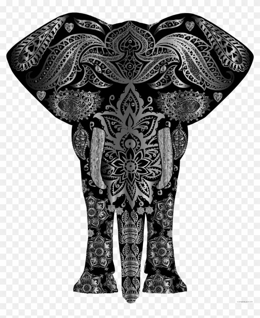 Floral Pattern Elephant Animal Free Black White Clipart - Elephant Motifs Png #615041