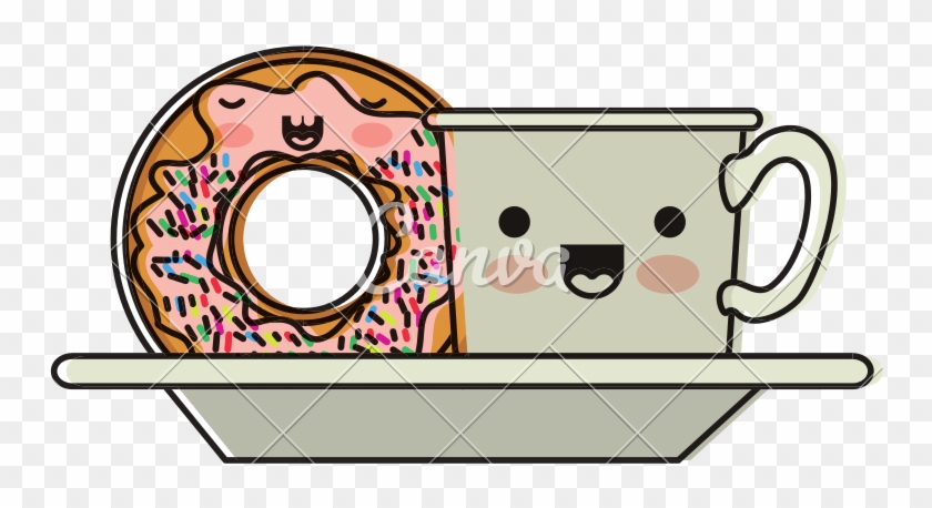 Kawaii Coffee Cup And Donut With Cream Glaze On Dish - Kawaii Coffee #615281