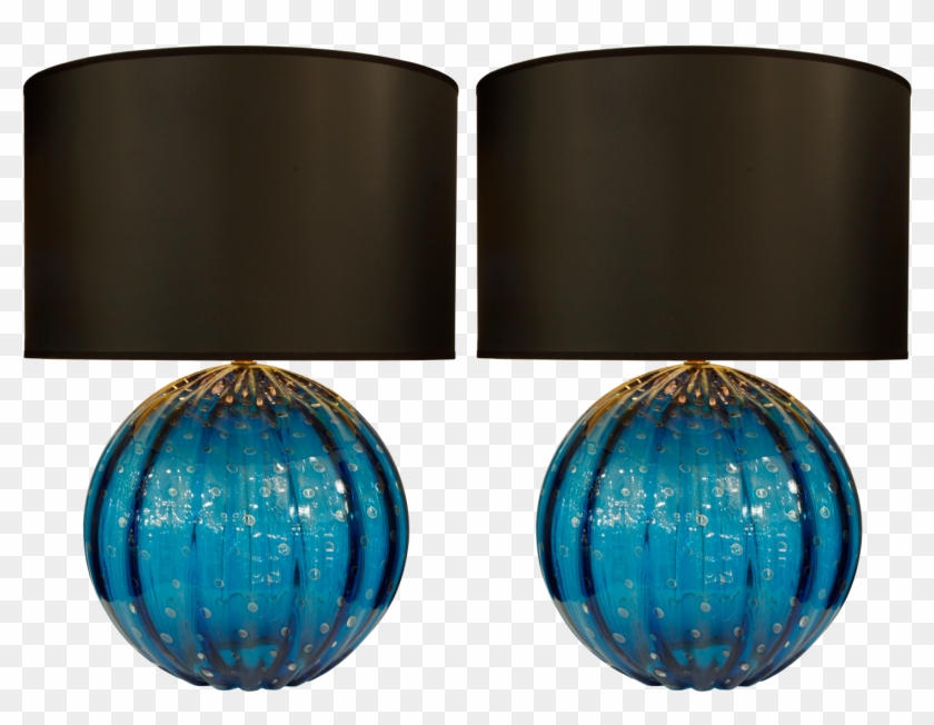 Pair Of Cerulean Murano Glass Globe Lamps By Barovier - Murano Lamps #616065