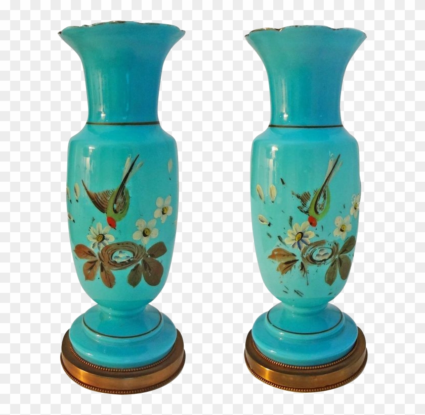 Pair Turquoise Color Opaline Table Lamps Bases Painted - Vase #616214