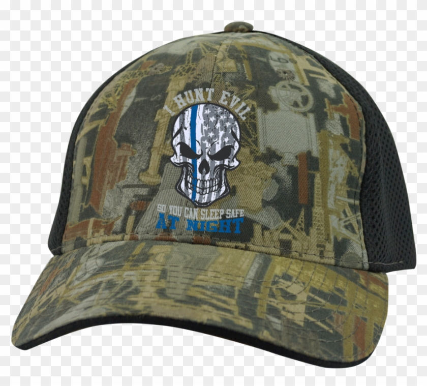 Police Hunt Evil Skull Embroidered Camo Cap With Mesh - Camo Cap With Mesh #624695