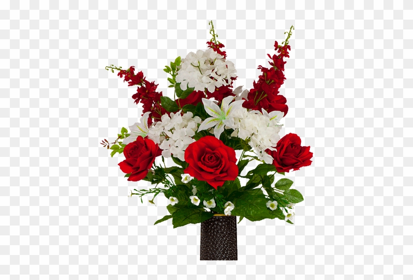 Red Rose And Delphinium With White Hydrangea - Floral Design #625132