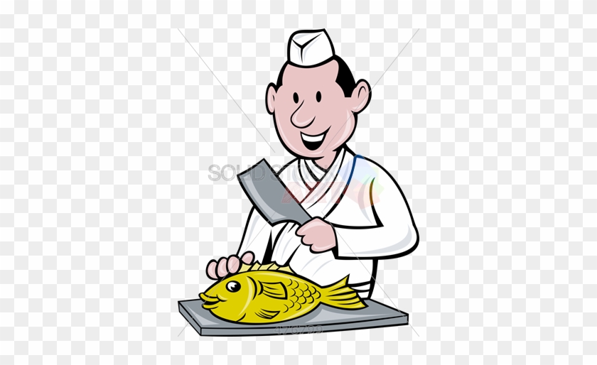 Stock Illustration Of Old Fashioned Cartoon Rendering - Japanese Chef Cook Meat Cleaver Circle Cartoon Card #656385