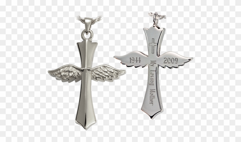 Winged Cross Cremation Jewelry Engraved - Cremation Necklace : Angel Wing Cross Heart | Cremation #659410