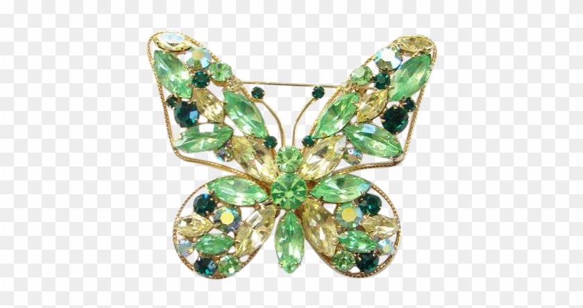Large Vintage Citrine Emerald Green Rhinestone Butterfly - Brooch #661645