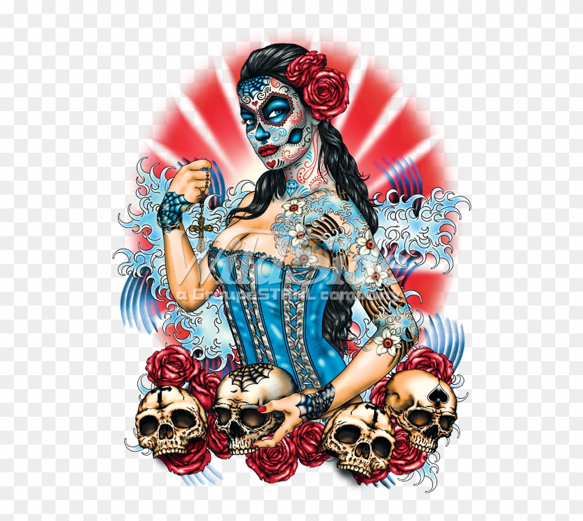 Day Of The Dead Pinup With Skulls And Roses - Day Of The Dead Mexican Sugar Skull Tattoo Biker Red #662917