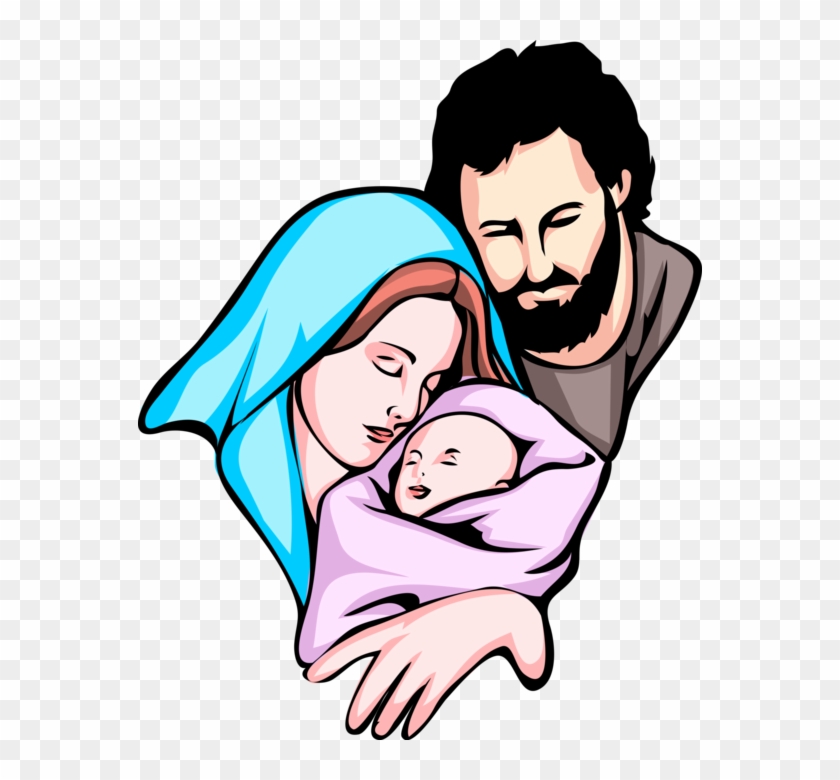 Vector Illustration Of Mary And Joseph Embrace Newborn - Mary And Joseph And Baby Jesus #672917