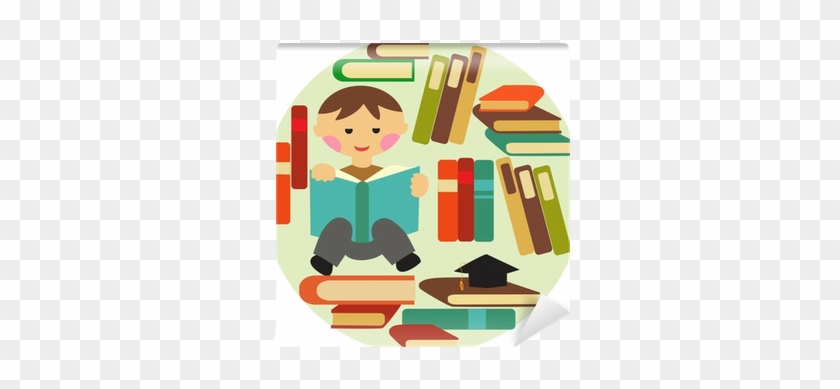 Vector Illustration Of School Boy Reading On Pile Of - Book #675095