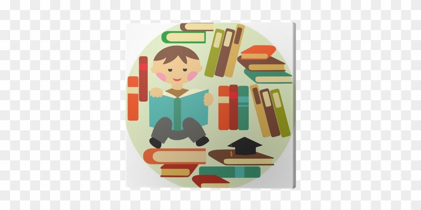 Vector Illustration Of School Boy Reading On Pile Of - Book #675525