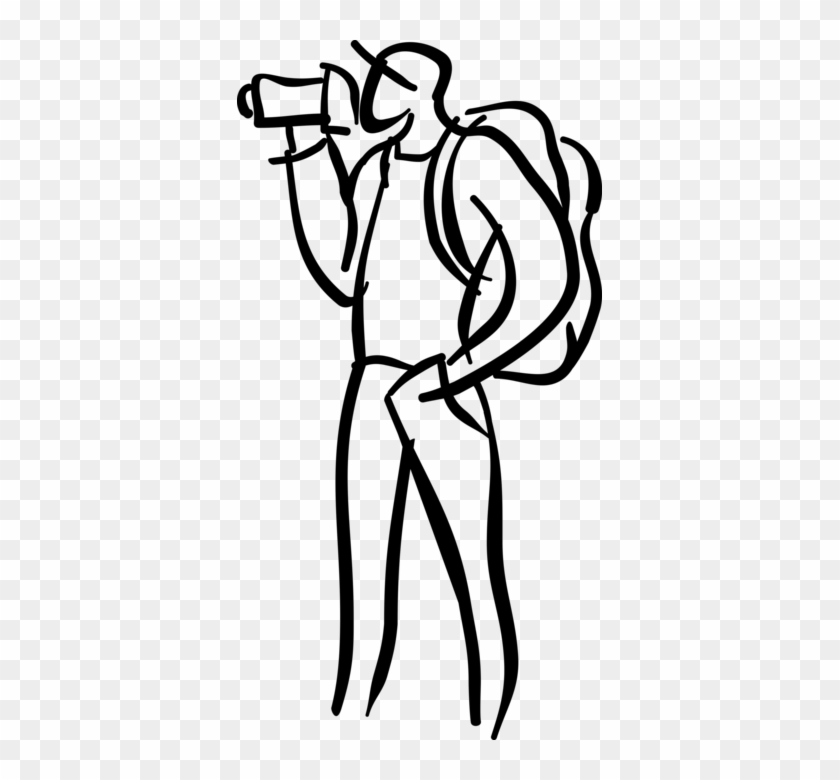 Vector Illustration Of Tourist Filming With Videocamera - Line Art #681297