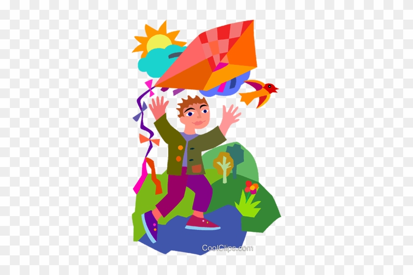 Boy Flying Kite Royalty Free Vector Clip Art Illustration - Cartoon #681343