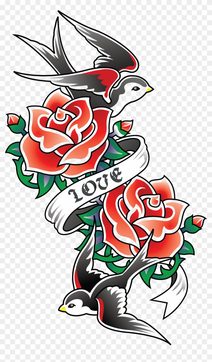 Old School Rose Swallow Tattoo Sleeve Tattoo - Old School Rose Swallow Tattoo Sleeve Tattoo #681556