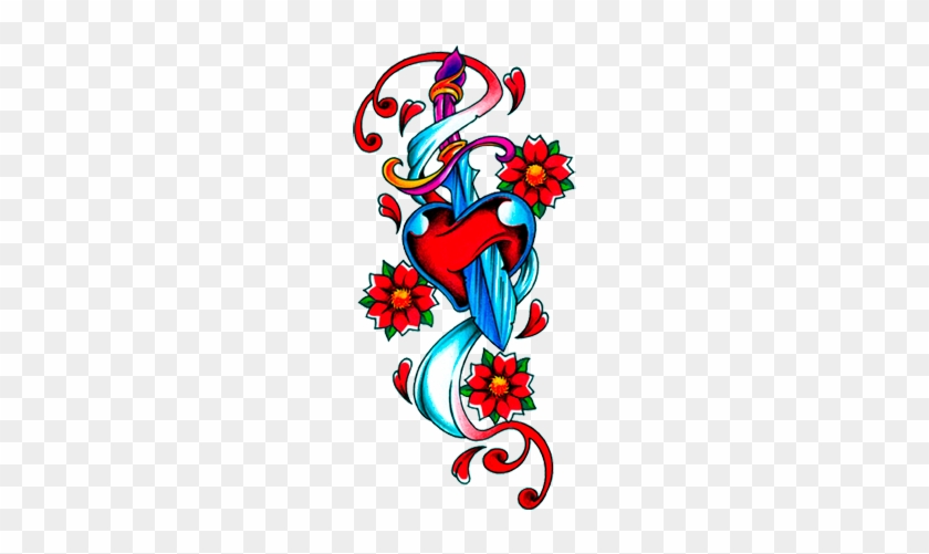 Wonderful Heart Dagger With Flowers Design - Flower Tattoo Designs Png #687988