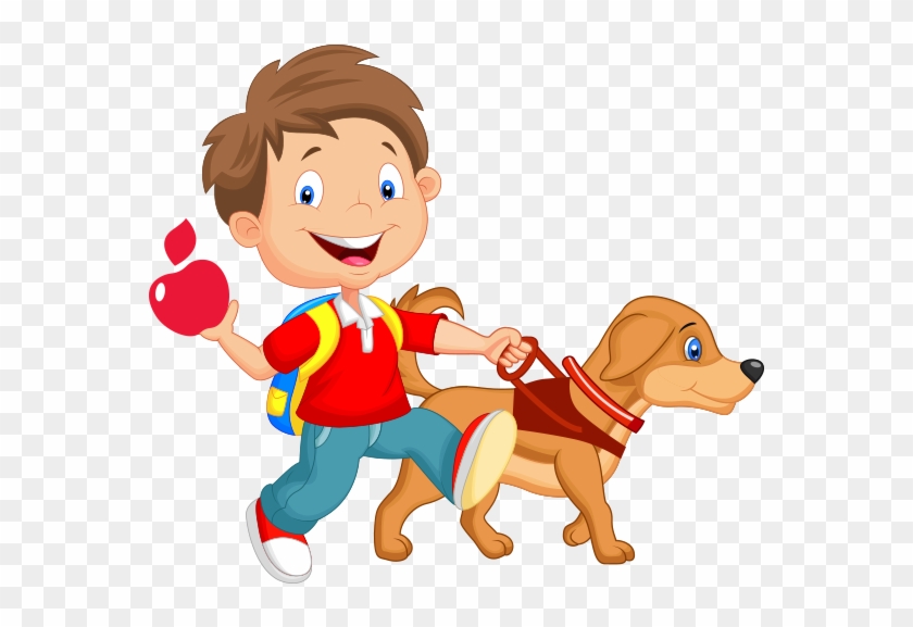 Cartoon Of Child Walking With Guide Dog - Kid Walking Dog Cartoon #691344