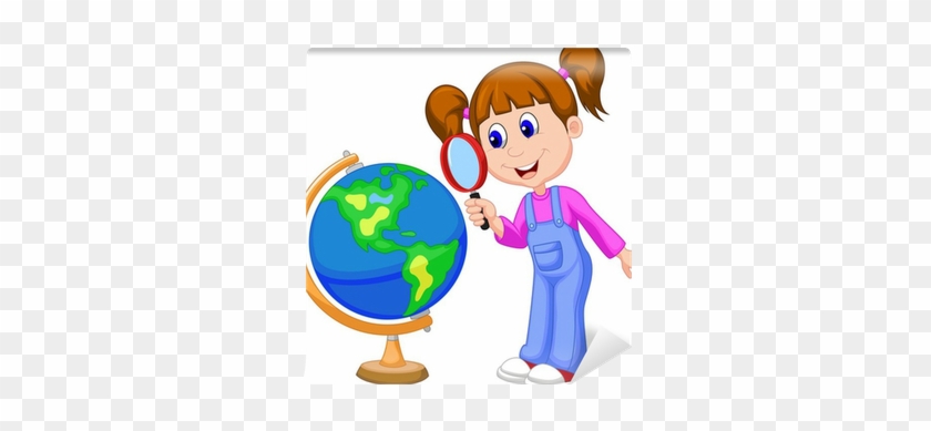 Cartoon Girl Using Magnifying Glass Looking At Globe - Looking At A Photo Album Clipart #694106