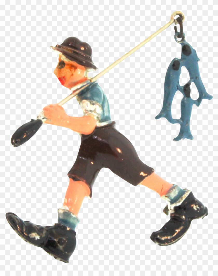 Vintage 1930s 1940s Enamel Figural Dangling Fish Fisherman - Baseball Player #696640