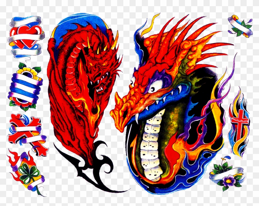 Sun And Stars,indian Faces,chinese Dragons,screaming - Gary Davis Tattoo Flash #701226