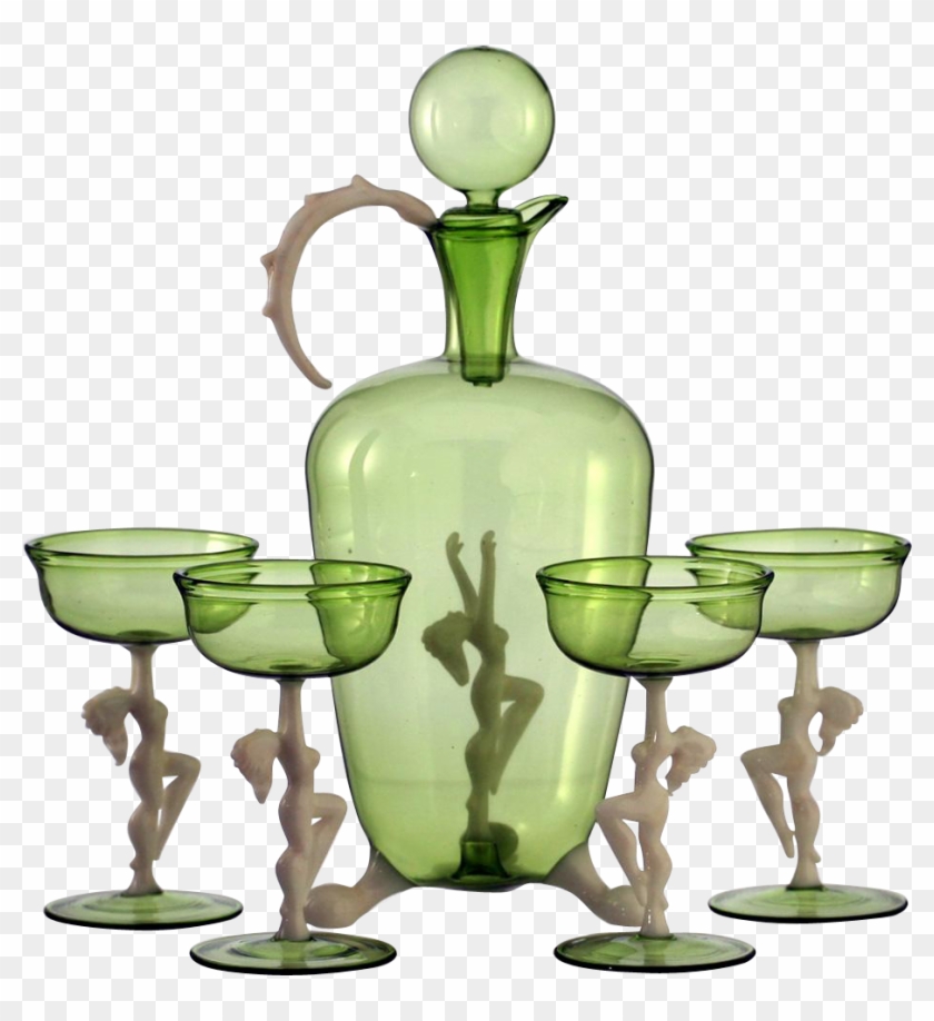 1940s-50 Bimini Nudes Sea Green Deco Decanter & Glasses - Decanter #703347