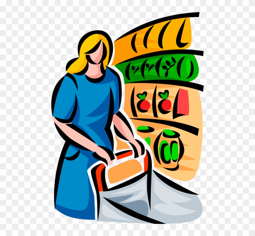 Vector Illustration Of Food Shopper With Shopping Cart - Grocery Store Clipart #708960