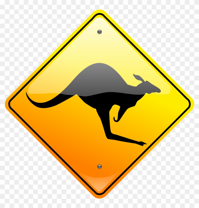 Kangaroo On Road Caution Sign Vector Drawing - Kangaroo Sign Vector #709219