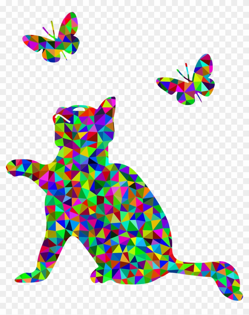 Prismatic Low Poly Kitten Playing With Butterflies - Kitten & Butterlies Clipart #711880