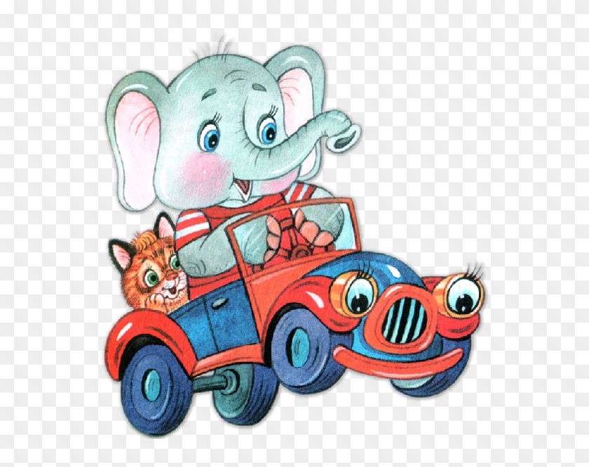 Funny Circus Elephant In Red And Blue Car - Elephants #712629