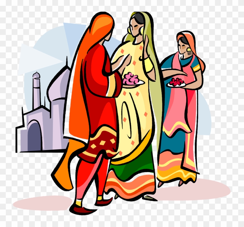 Vector Illustration Of Hindu Woman Carrying Marigold - Illustration #714755