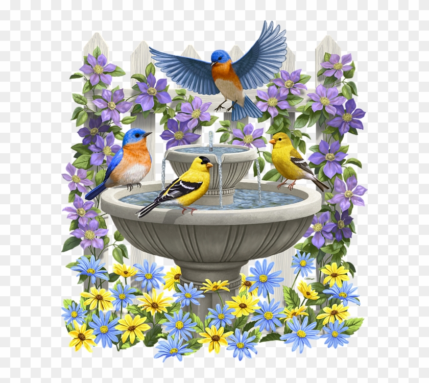 Birds And Birdbath Painting T-shirt For Sale By Crista - Bits And Pieces Fountain Festivities 500 Piece Jigsaw #718752