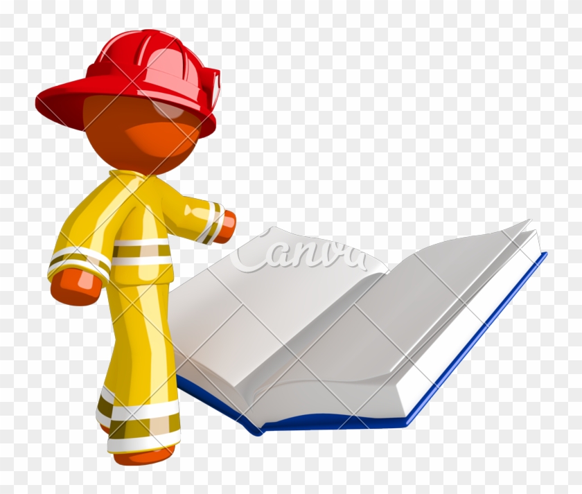 Orange Man Firefighter Reading Regulations Book - Construction Worker #729762