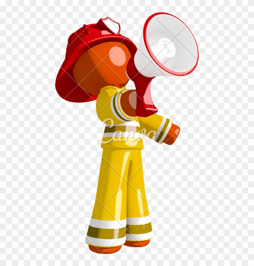 Orange Man Firefighter Shouting Into Megaphone - Cartoon #729990