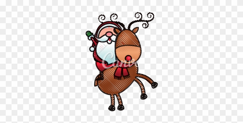 Santa Riding A Reindeer In Christmas Cartoon - Vector Marketing #732185