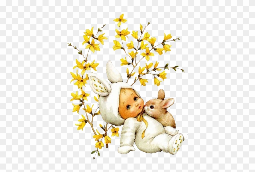 Baby With Bunny And Yellow Spring Flowers Illustration - Easter #732967