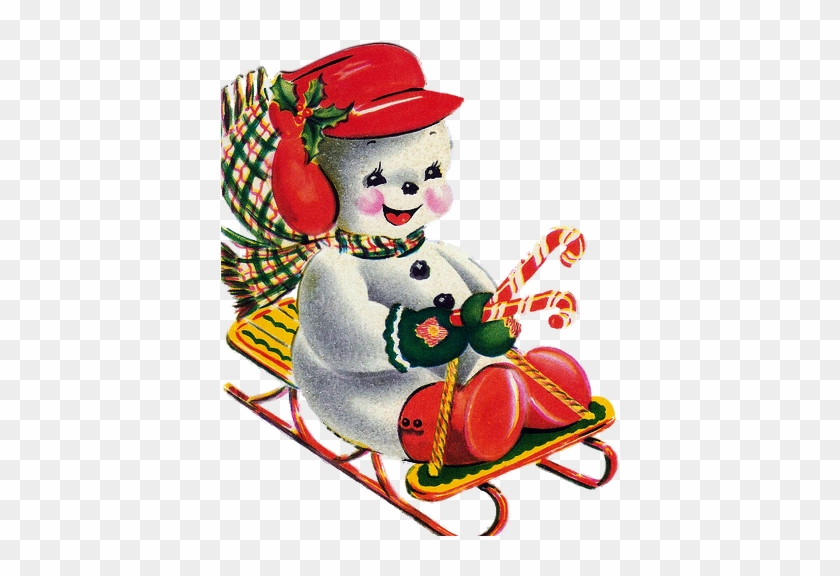 Vintage Snowman On Sled - Vintage Snowman Christmas Cards #741221