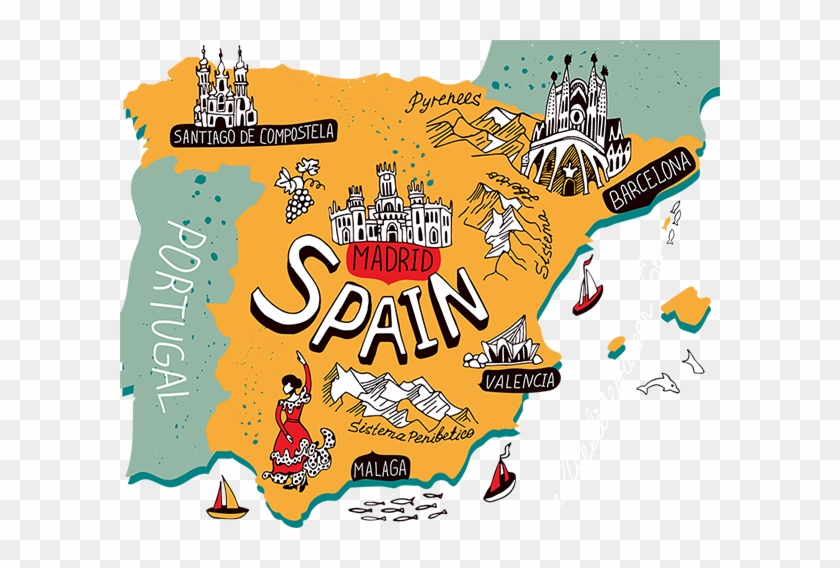 Renting A Property In Spain - Fotoprint: Illustrated Map Of Spain By Daria_i, 61x46cm. #747049