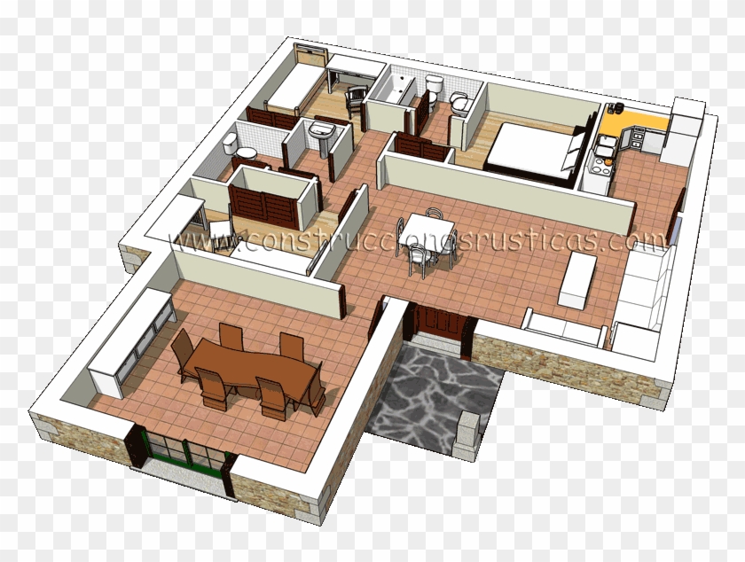 3d De Distribución Interior De Casa Rústica De Planta - Diseño De Casa De Una Planta #747952