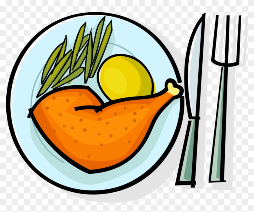 Vector Illustration Of Roast Chicken Leg With Potato - Vegetables In Plate Clipart #751601