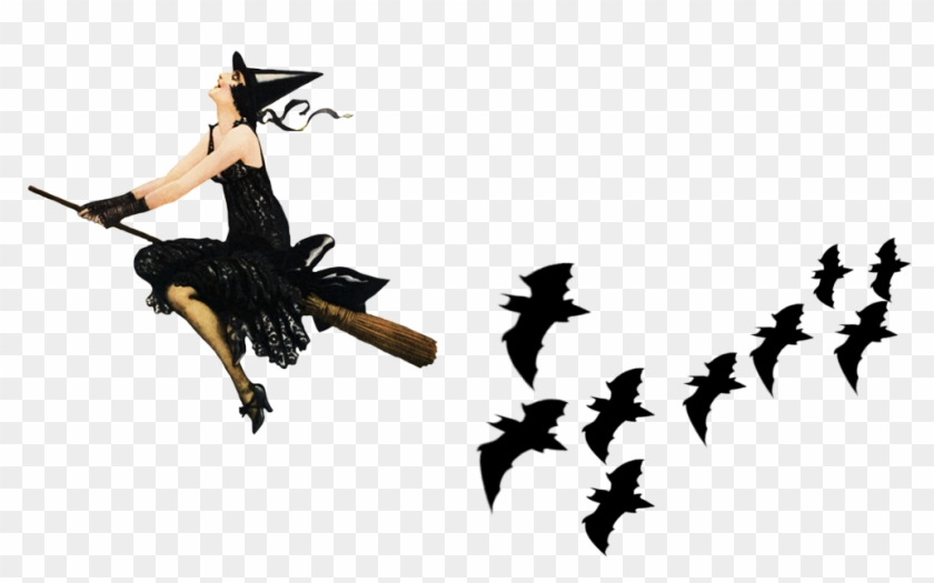 Vintage Witch Followed By Black Bats - Witch On Broomstick Png #753359