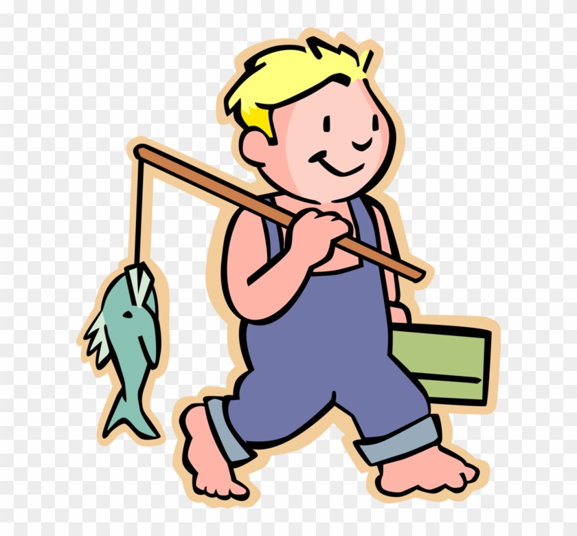 Vector Illustration Of Barefooted Primary School Boy - Boy With A Fishing Rod #758354