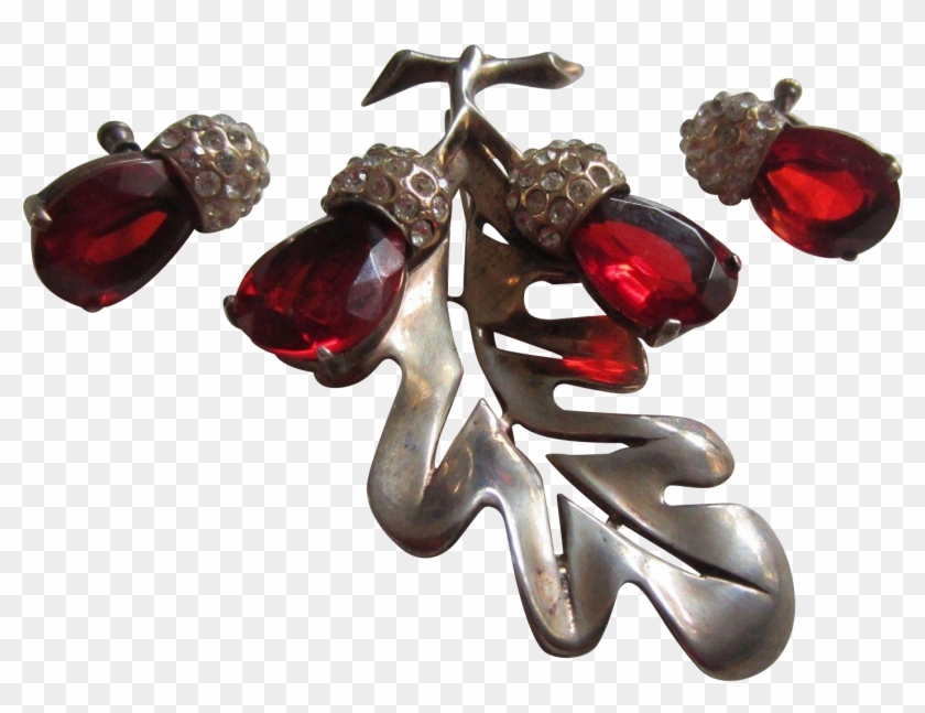 Exquisite Sterling Vermeil Oak Leaf And Ruby Red Rhinestone - Crystal #759740
