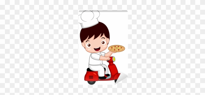 Illustration Of Cartoon Cute Pizza Chef On Bike Wall - Cute Pizza Chef #761590