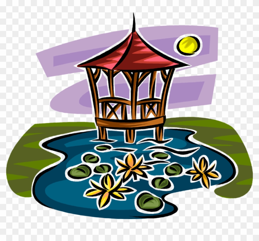 Vector Illustration Of Gazebo In Garden Pond With Lily - Gazebo Vector #762252
