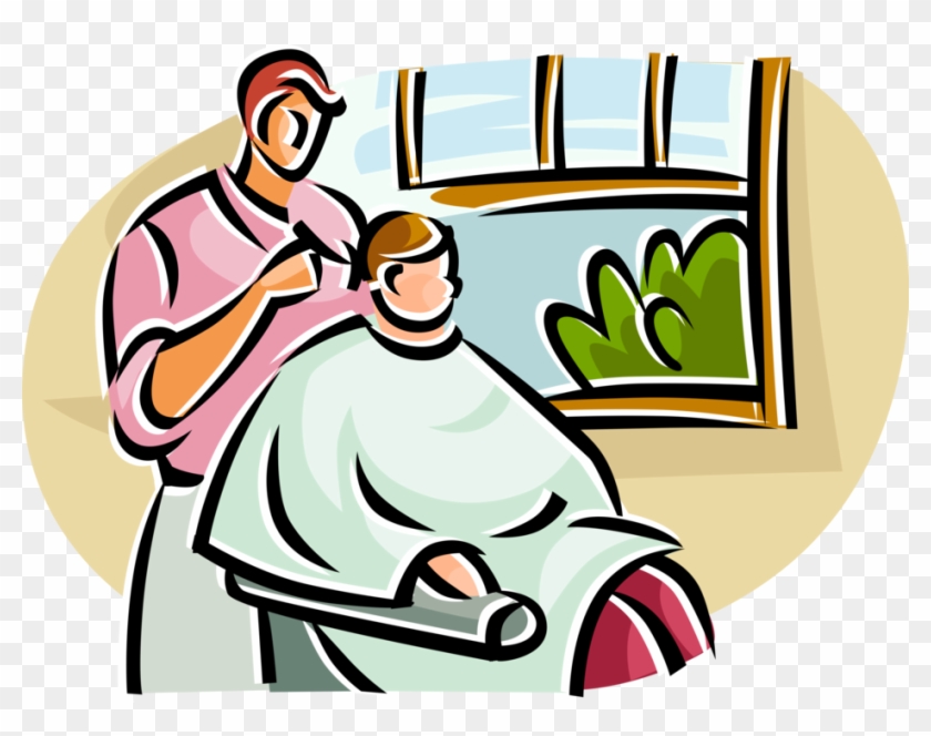 Vector Illustration Of Customer Gets Haircut From Barber - Hair Cutter Man Clipart #768782