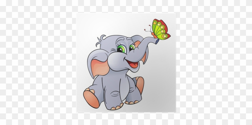 Funny Cartoon Baby Elephant With Butterfly Poster • - Слон Мультяшный #769808