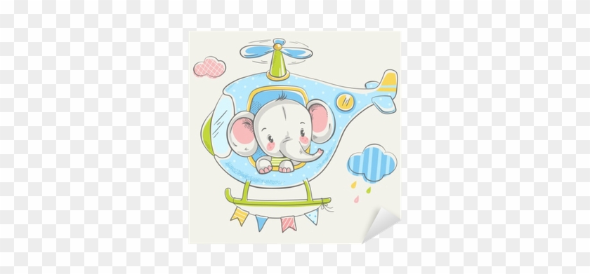 Cute Little Elephant On A Helicopter Cartoon Hand Drawn - Drawing #770160