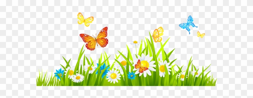 Grass Ground With Flowers And Butterflies Png - Flower Garden Clipart #771100