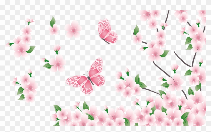 Spring Branch With Pink Flowers And Butterflies Png - Flowers And Butterflies Png #771107